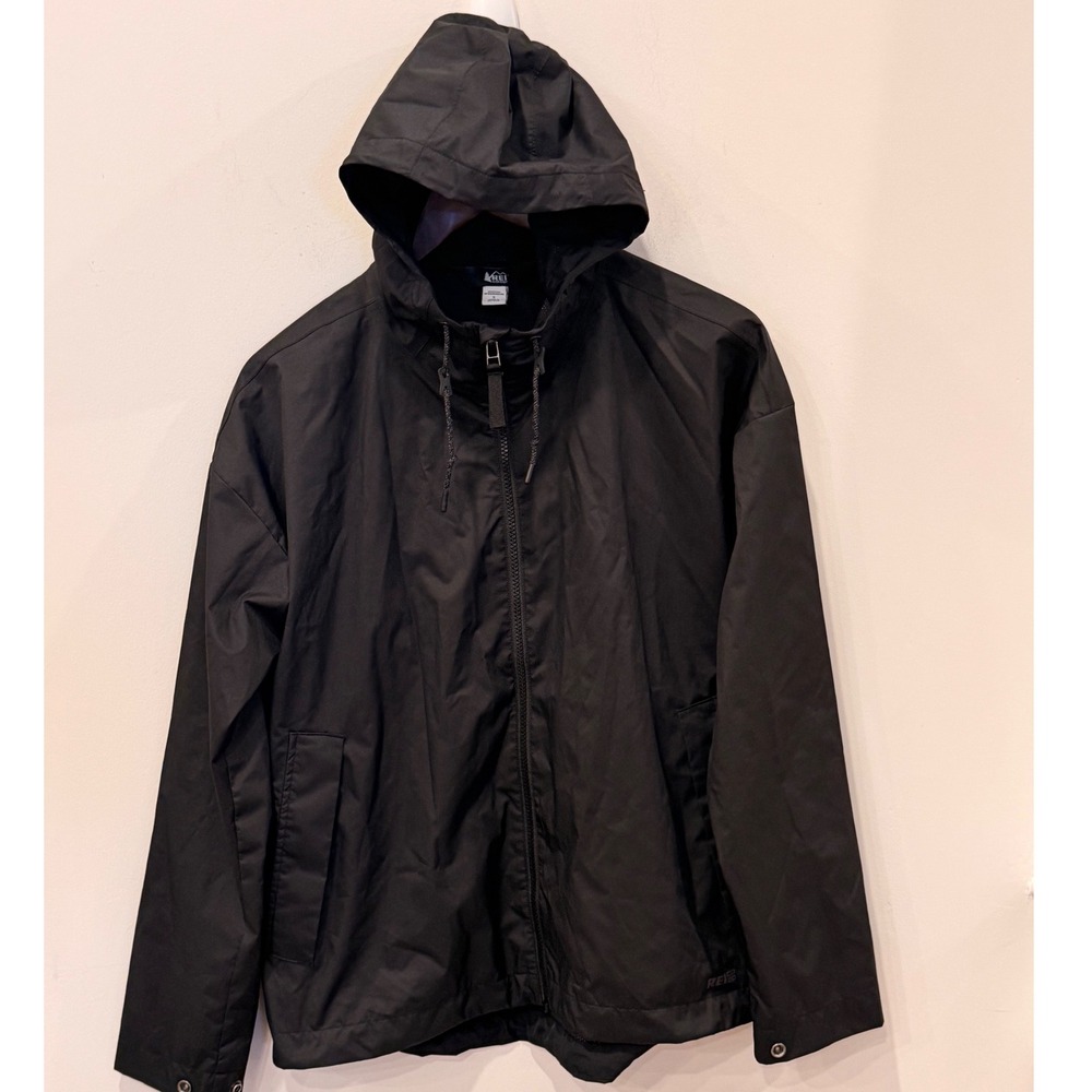 REI Co-op Mens Black Hooded Windbreaker Jacket Full Zip Mesh Lined Small 147645